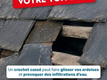 Un crochet cassé, et l'ardoise qu'il retenait se met à glisser. Derrière, l'eau finit par s'infiltrer.

On vient analyser votre toiture, gratuitement. Si...